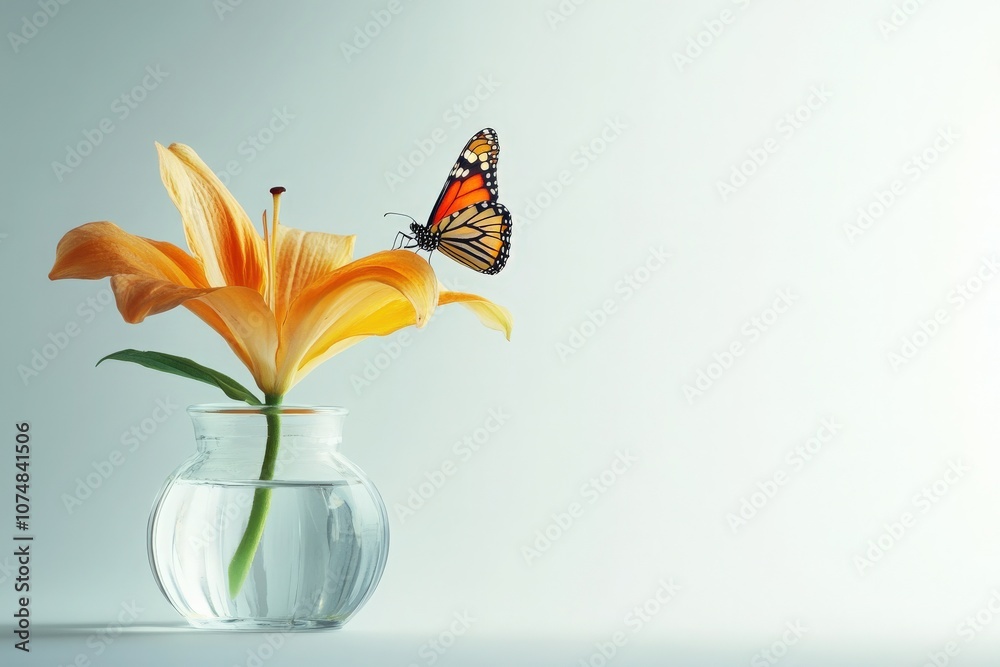 A butterfly with bright orange and black wings is perched on a wilting orange flower in a small glass vase filled with water. The soft background enhances the flowers fading beauty.