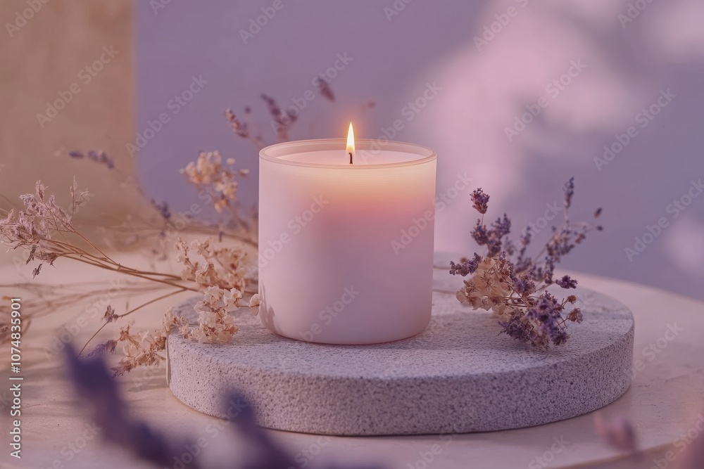 A calming display features a lit candle jar placed on a smooth surface, surrounded by delicate dried flowers. The gentle glow creates a peaceful atmosphere perfect for relaxation.