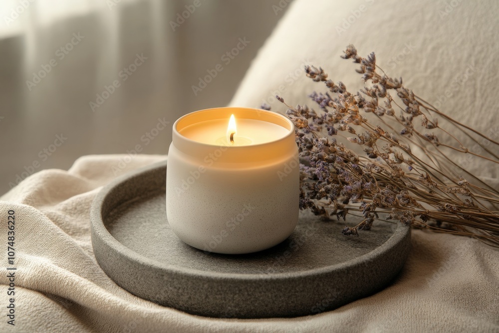 A calming scented candle sits on a round stone tray, surrounded by dried lavender. The gentle glow of the candle adds warmth to a serene and cozy setting.