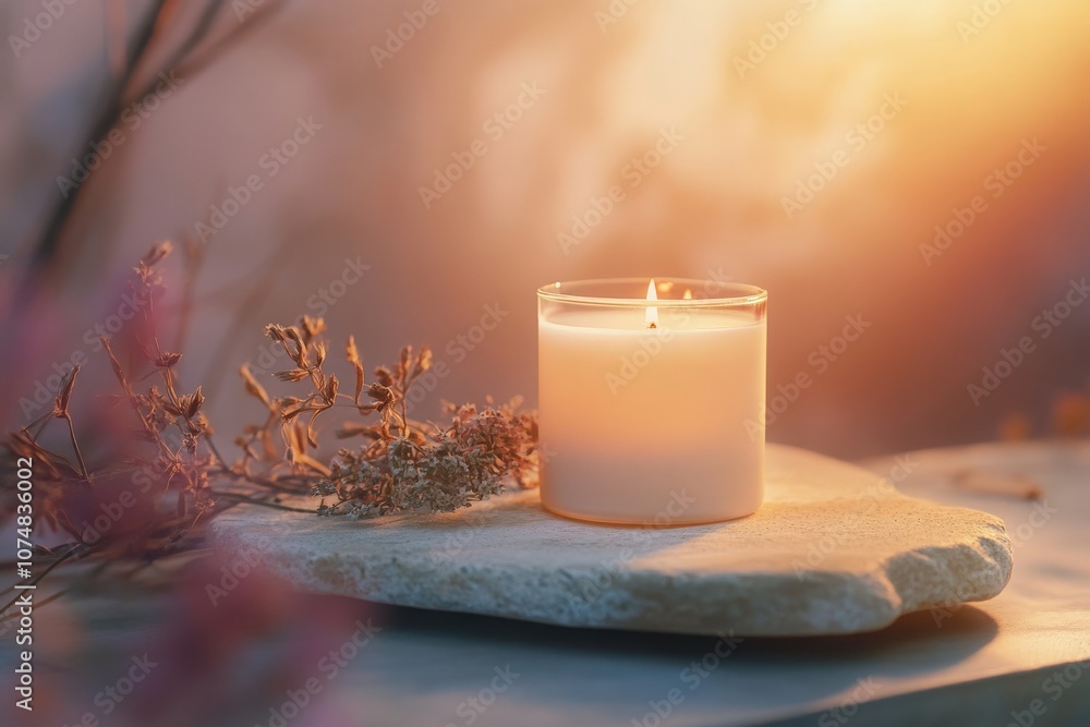 A calming setting features an essential oil diffuser candle jar surrounded by dried flowers on a natural stone. The warm sunset light creates a soothing atmosphere perfect for relaxation.