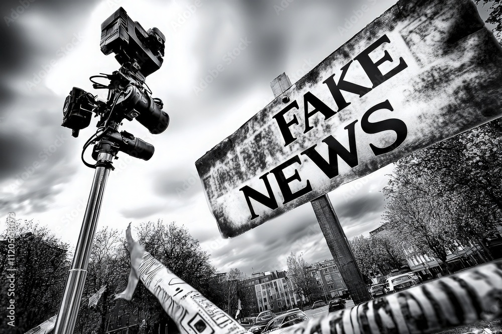 A camera tower stands in front of a weathered sign reading fake news in an urban area. The cloudy sky looms above, creating a dramatic backdrop as bystanders observe the situation.