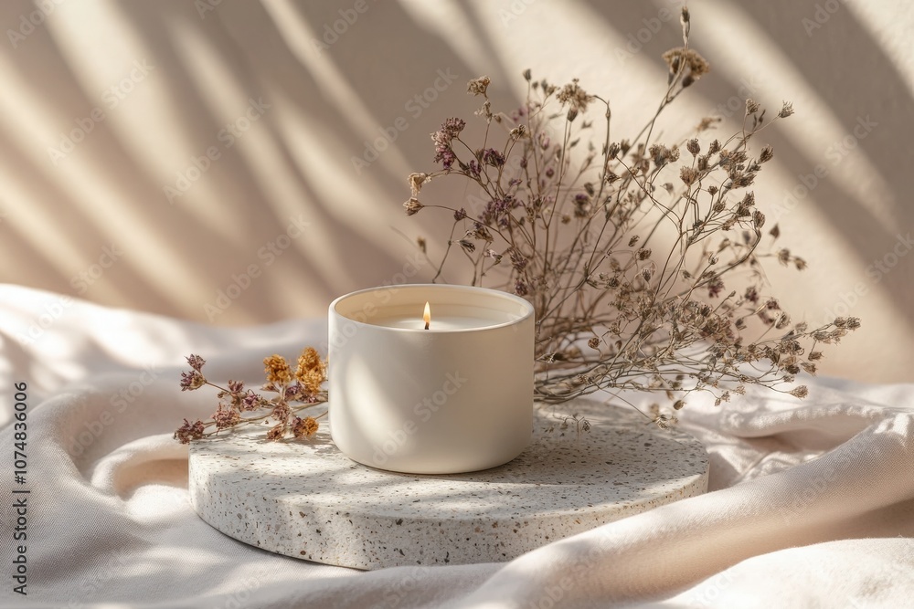 A candle jar filled with essential oils sits gracefully on a textured round surface. Dried flowers surround the jar, creating a serene and calming atmosphere perfect for relaxation.