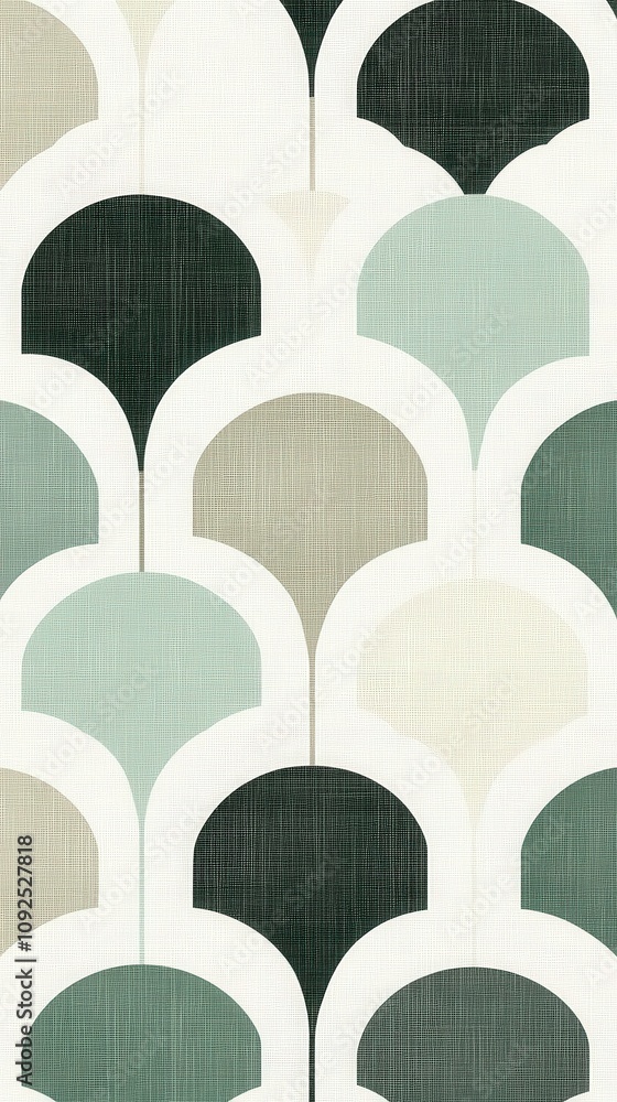A captivating geometric design featuring overlapping arches in various shades of green, beige, and cream is perfect for contemporary decor. This patterned backdrop adds depth and style to any space.