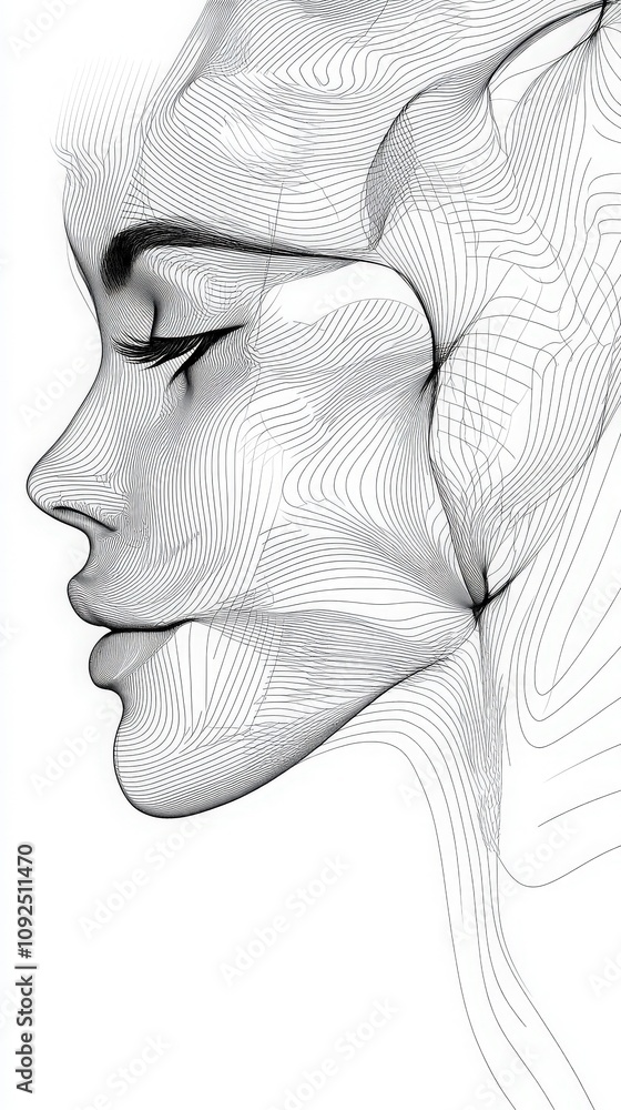 A captivating piece features intricate black lines forming the profile of a woman. The artwork emphasizes fluid shapes and contours, creating a sense of movement and elegance.