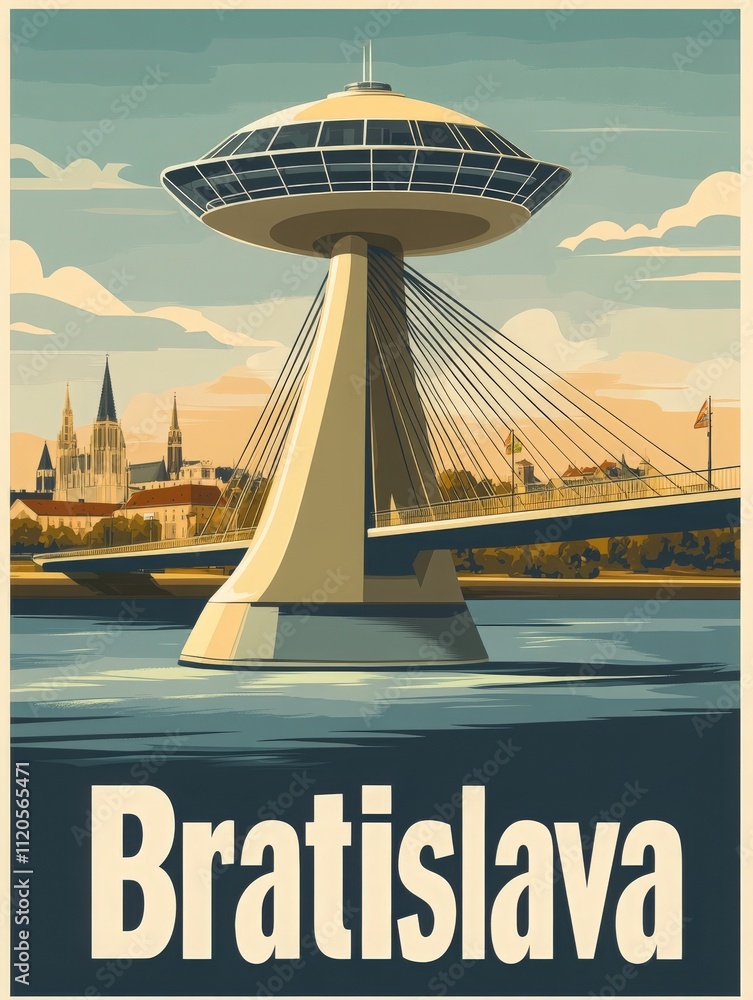 A captivating view of the unique structure in Bratislava, surrounded by the serene waters of the river. The city skyline provides a stunning backdrop against the evening sky.