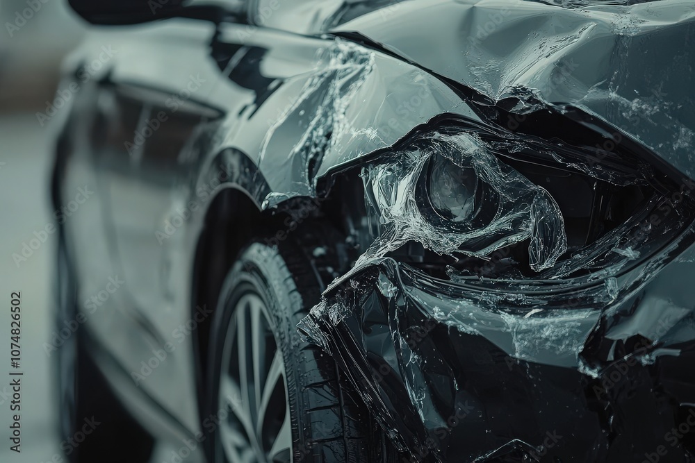A car bumper displays a significant dent alongside a shattered headlight, highlighting damage from a recent collision. The vehicle is parked in an isolated area, showing signs of impact.