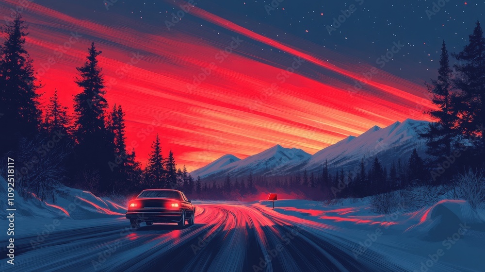 A car travels along a winding road in a snowy mountain landscape under a stunning sunset.