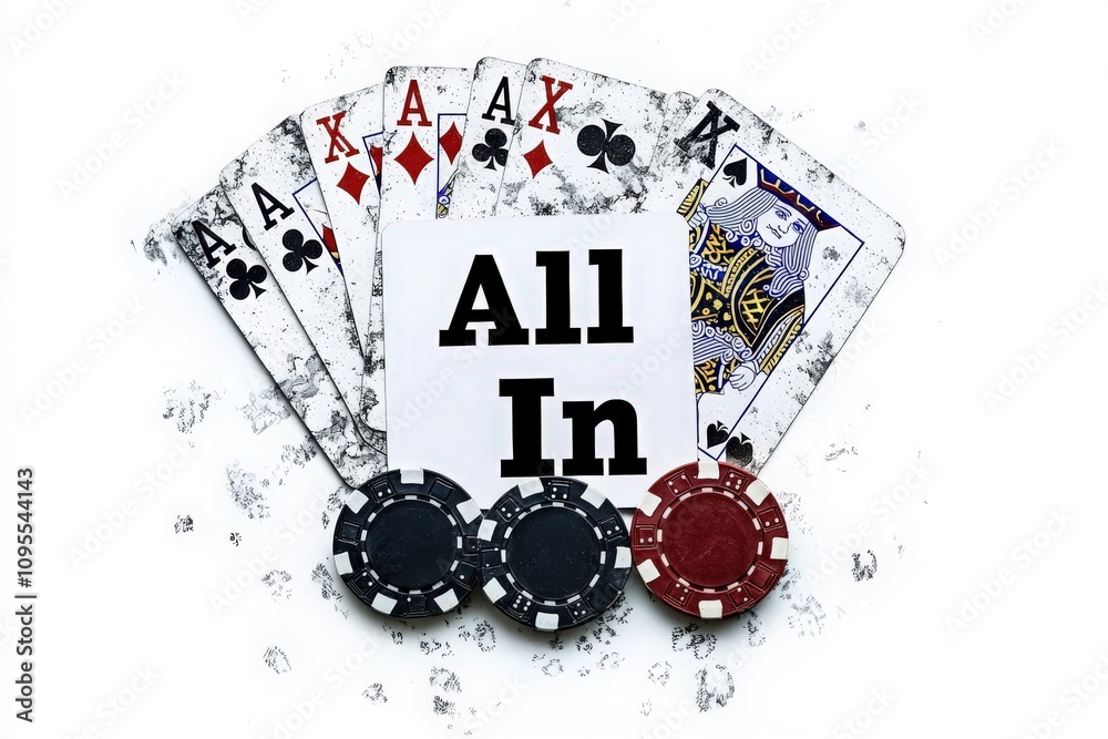 A card layout showcases four aces and a king along with a bold All In statement. Three poker chips are placed below the cards, symbolizing intense gambling action.