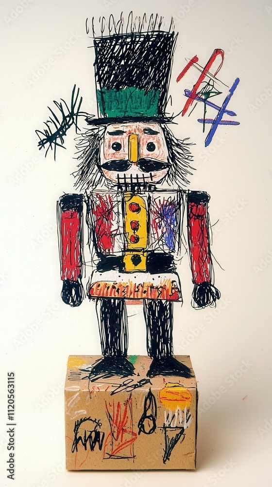 A cardboard nutcracker stands proudly with a whimsical design, colored with markers. The creation showcases various art styles, making it a vibrant representation of creativity.