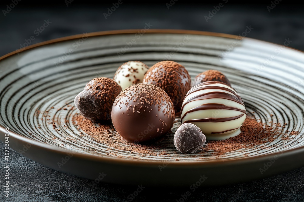A carefully arranged assortment of gourmet chocolates sits atop a rustic ceramic plate, artfully sprinkled with cocoa powder. The rich textures and colors create an enticing visual feast.