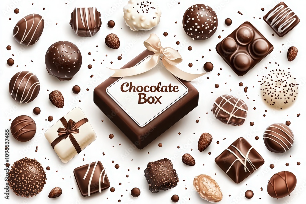 A carefully arranged collection of various chocolates surrounds a decorative box. Each chocolate exhibits unique designs and flavors, showcasing an enticing selection perfect for gifting.