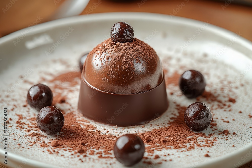 A carefully crafted gourmet chocolate dessert sits elegantly on a plate, surrounded by delicate cocoa powder and chocolate spheres, showcasing a rich culinary presentation perfect for indulgence.