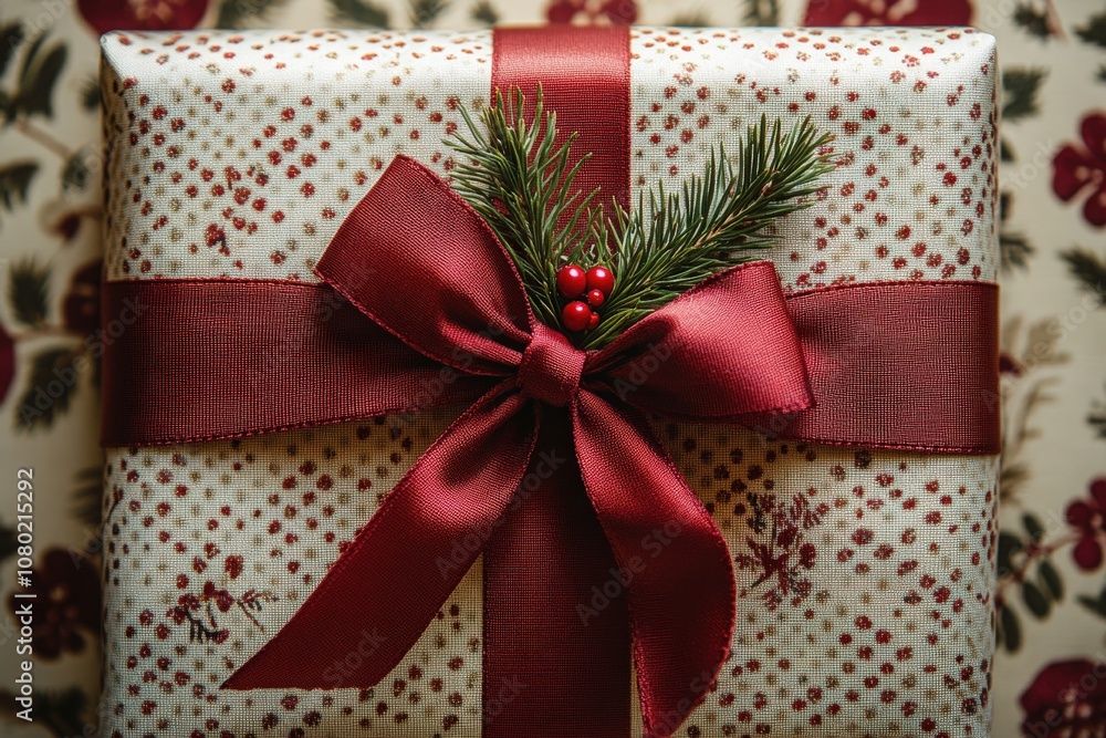 A carefully packaged gift features a rich red ribbon and a sprig of evergreen, placed against an elegant floral backdrop, creating a festive and inviting atmosphere for the holiday season.