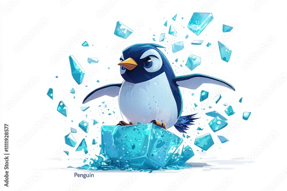 A cartoon penguin stands confidently on a large ice block, surrounded by blue ice shards. Its wings are outstretched, showcasing a playful character in a vibrant, wintry setting.