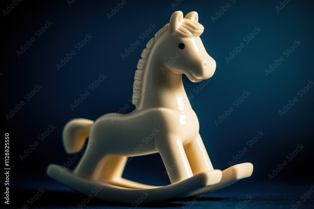 A carved, vintage rocking horse figurine sits on a curved base, illuminated by gentle light. The shape and texture highlight its nostalgic design, making it an appealing decorative piece.