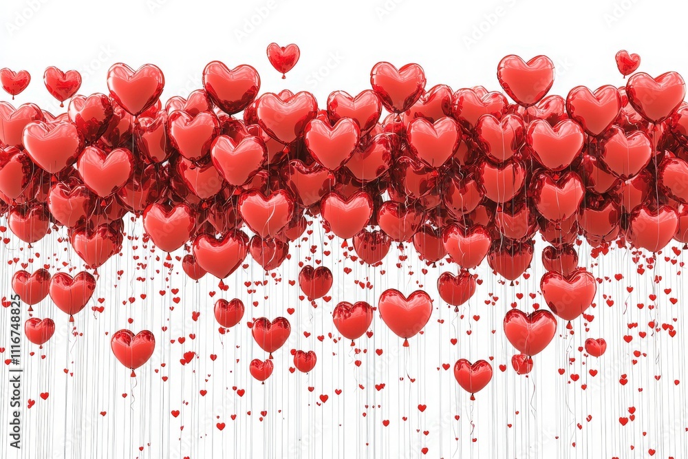 A cascade of vibrant red heart balloons fills the space, creating a romantic and festive setting. Perfect for decorations at weddings, anniversaries, or Valentines Day celebrations.