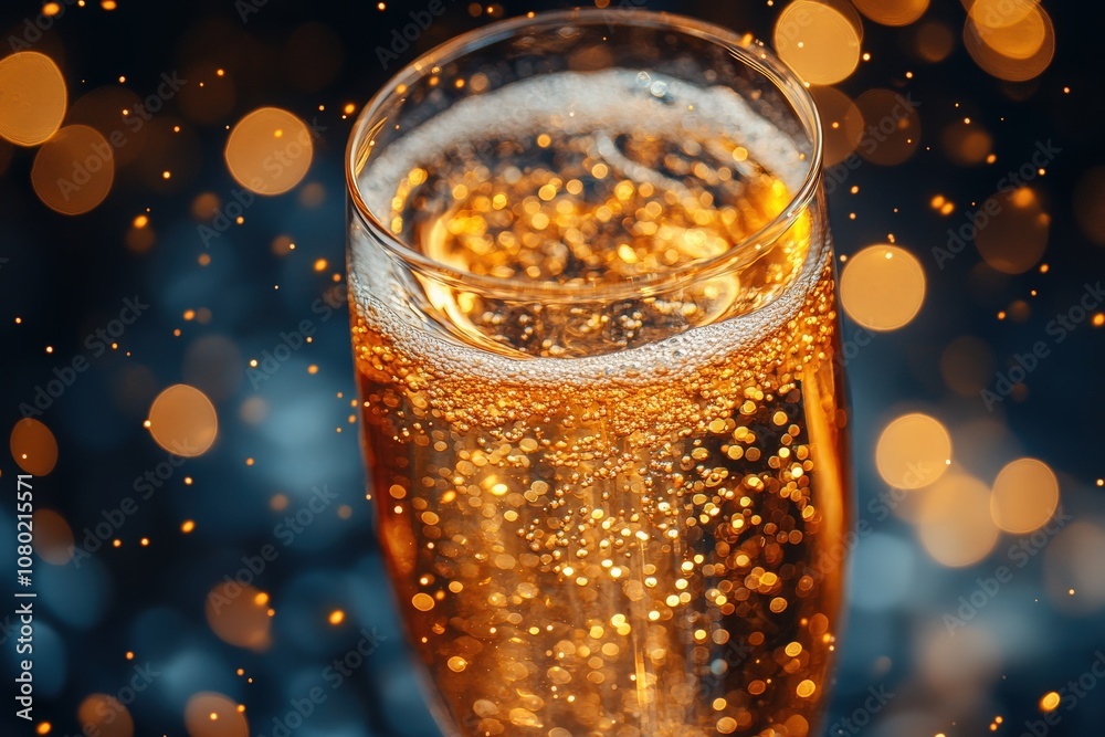 A champagne flute filled with effervescent bubbles showcases a rich golden hue, set against a backdrop of shimmering lights, creating a festive atmosphere for celebrations.