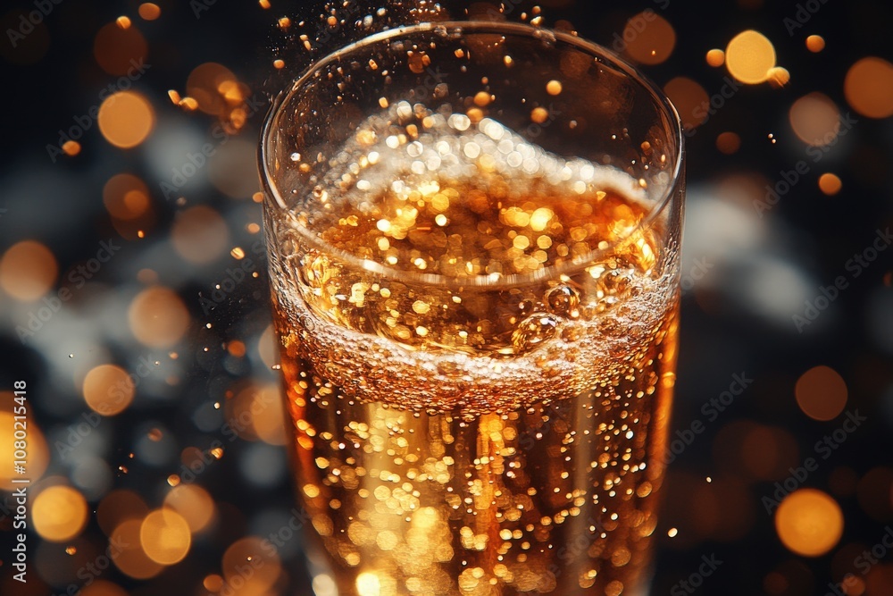 A champagne flute filled with effervescent liquid captures golden bubbles rising to the surface, surrounded by a dreamy background of shimmering lights, perfect for celebrating moments.