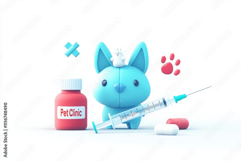 A charming blue cartoon pet stands with a small animal on its head, surrounded by medical supplies like a syringe and medicine bottles, representing a veterinary clinic environment.