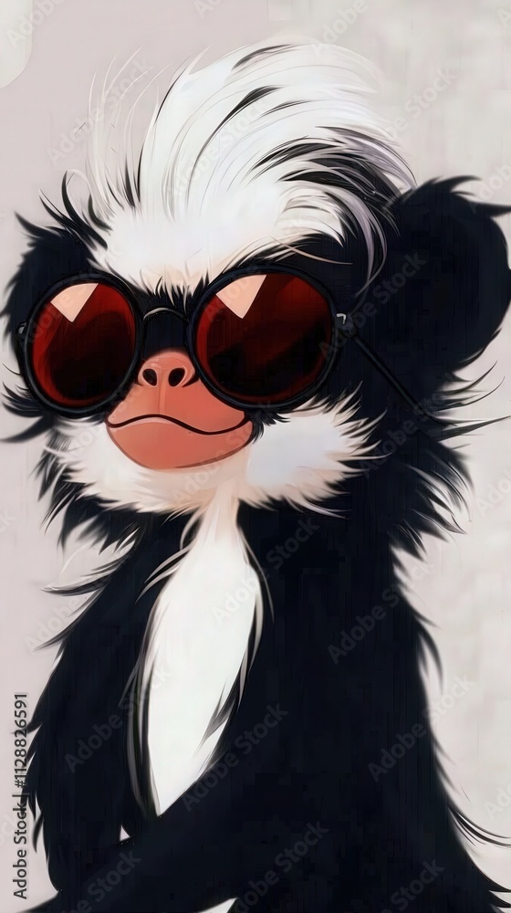 A charming cartoon monkey with a black and white fur coat and large round sunglasses poses playfully. Its cheerful expression and bold fashion choice create a fun atmosphere, inviting joy.