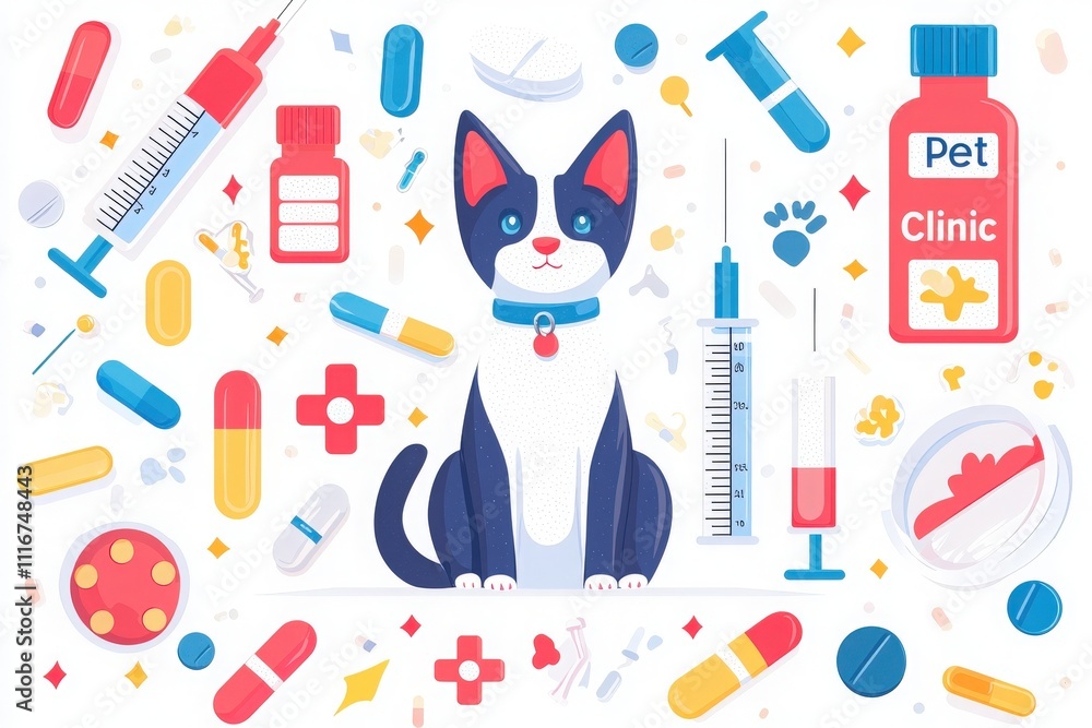 A charming cat sits at the center, surrounded by various veterinary supplies like syringes, pills, and a medicine bottle. The colorful layout emphasizes a friendly pet clinic atmosphere.