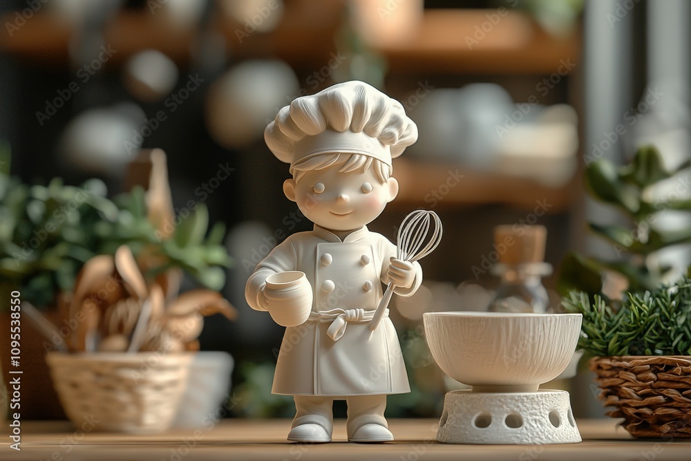 A charming chef figurine holds a whisk and a bowl, standing in a cozy kitchen filled with greenery and cooking tools. This inviting space highlights culinary creativity and warmth.