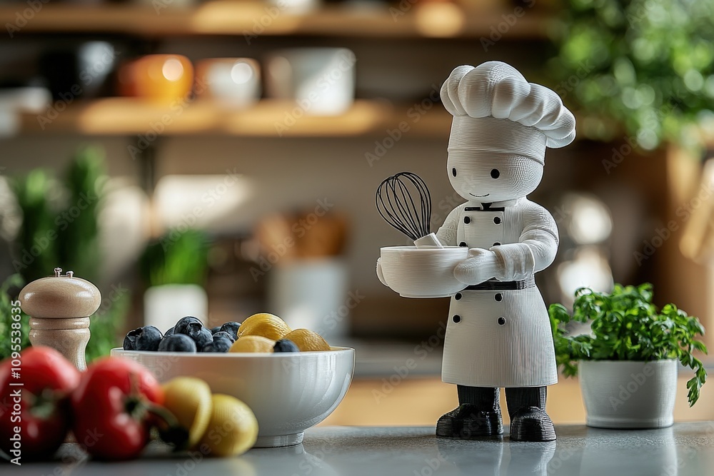 A charming chef figurine stands in a kitchen, holding a whisk and bowl. Fresh fruits and herbs are displayed on the counter, enhancing the inviting atmosphere of cooking.