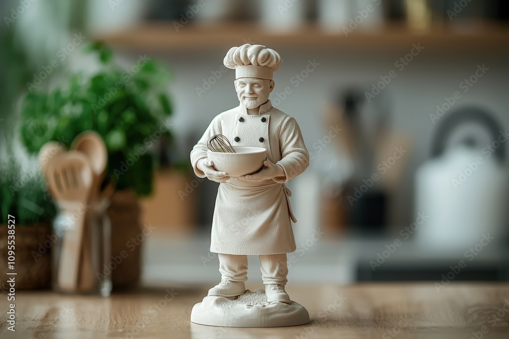 A charming chef figurine stands in a warmly decorated kitchen, holding a mixing bowl with a whisk. The background features soft kitchen elements, creating a inviting atmosphere.