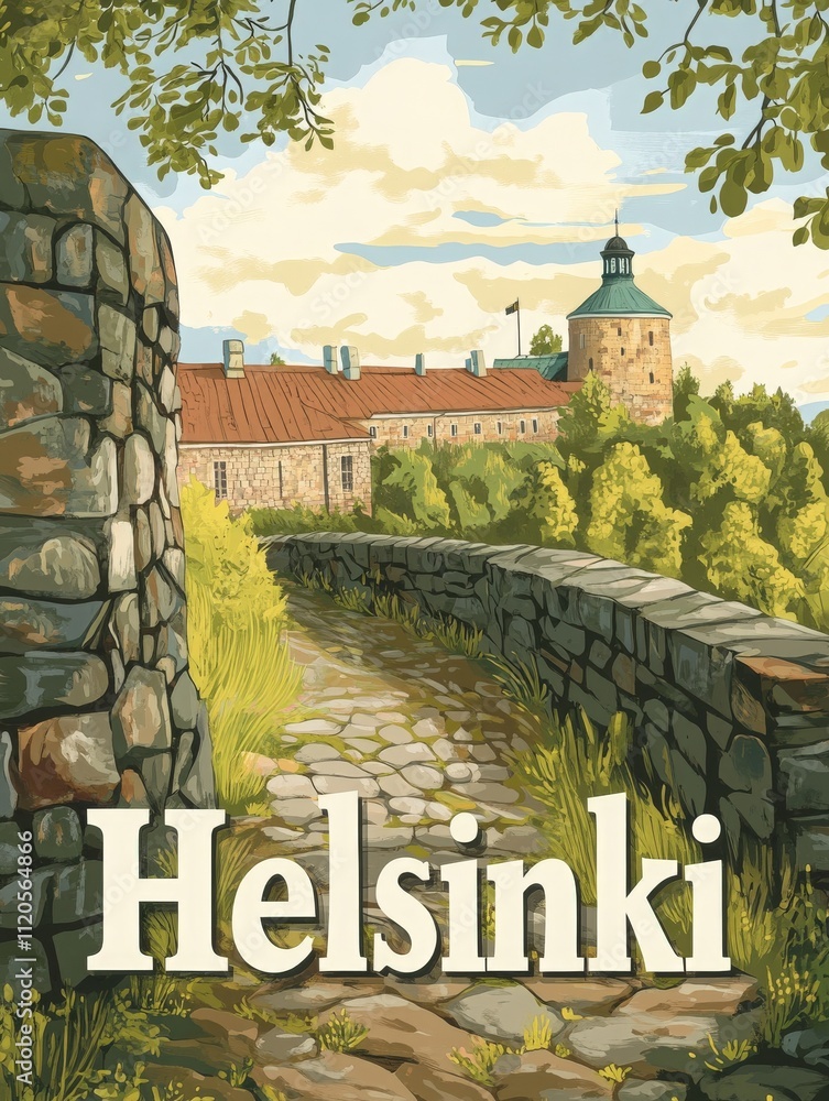 A charming cobblestone pathway winds its way toward a historic fortress in Helsinki, framed by vibrant green trees and a bright sky, evoking a sense of nostalgia and exploration.