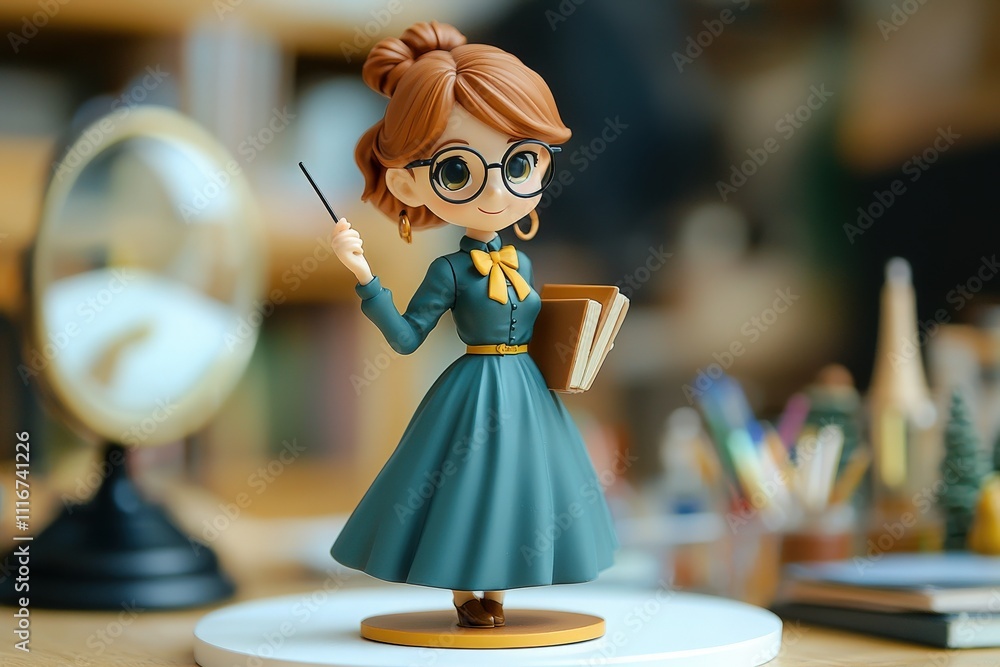 A charming figurine depicts a young woman with glasses wearing a green dress, holding a book and a pointer. She stands on a white base, surrounded by a cozy workspace filled with art supplies.