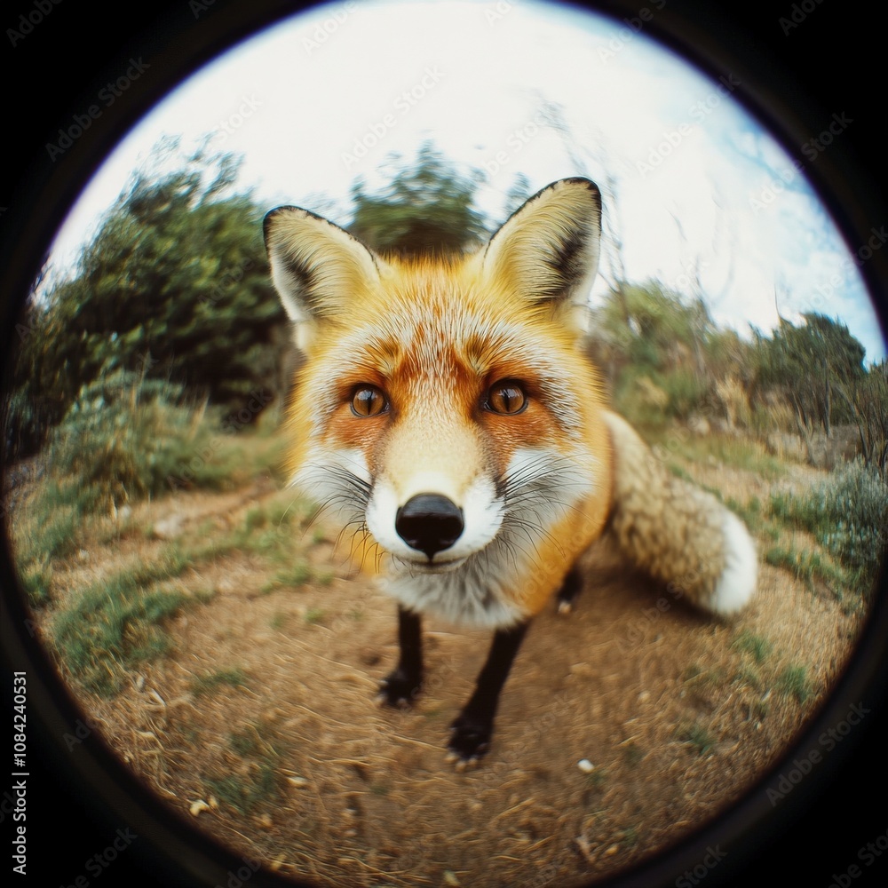 A charming fox moves gracefully through the underbrush, showcasing its vibrant fur and curious nature. The playful animal captures the spirit of wildlife in a serene outdoor setting.