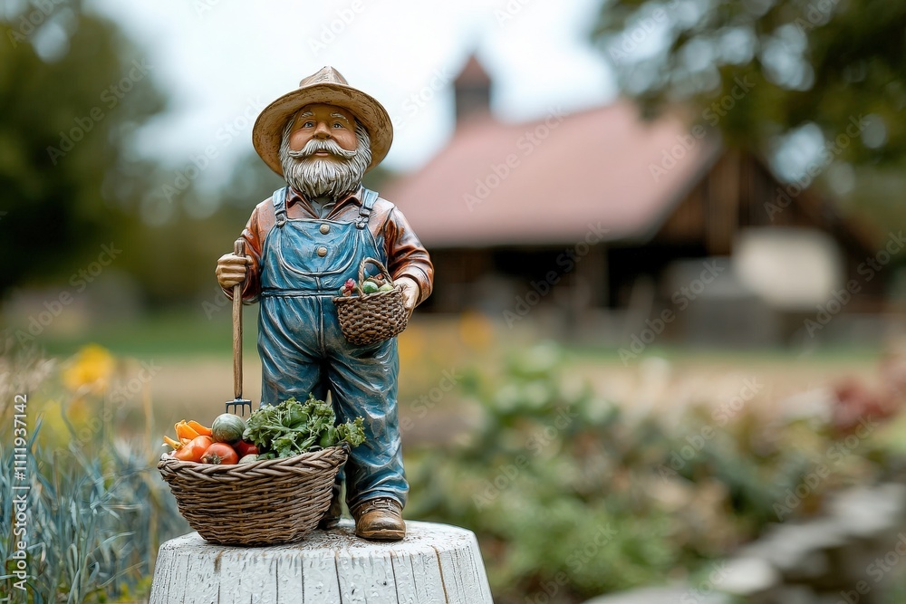 A charming garden statue depicts a farmer dressed in overalls and a straw hat, holding baskets of fresh vegetables. Behind him, a rustic barn adds a pastoral touch to the serene landscape.