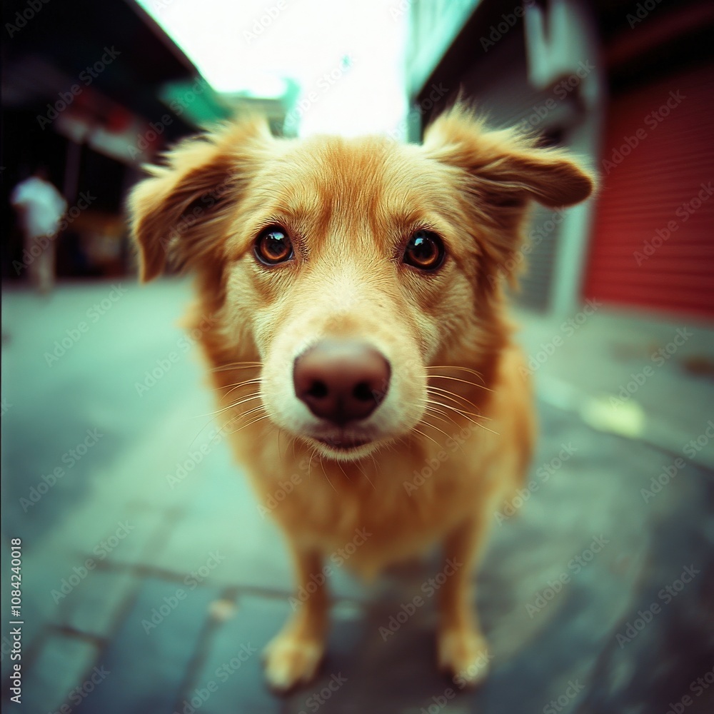 A charming little dog stands on a narrow street, showing curiosity as it observes its surroundings. The area is quiet early in the morning, contrasting with the towns typical hustle and bustle.