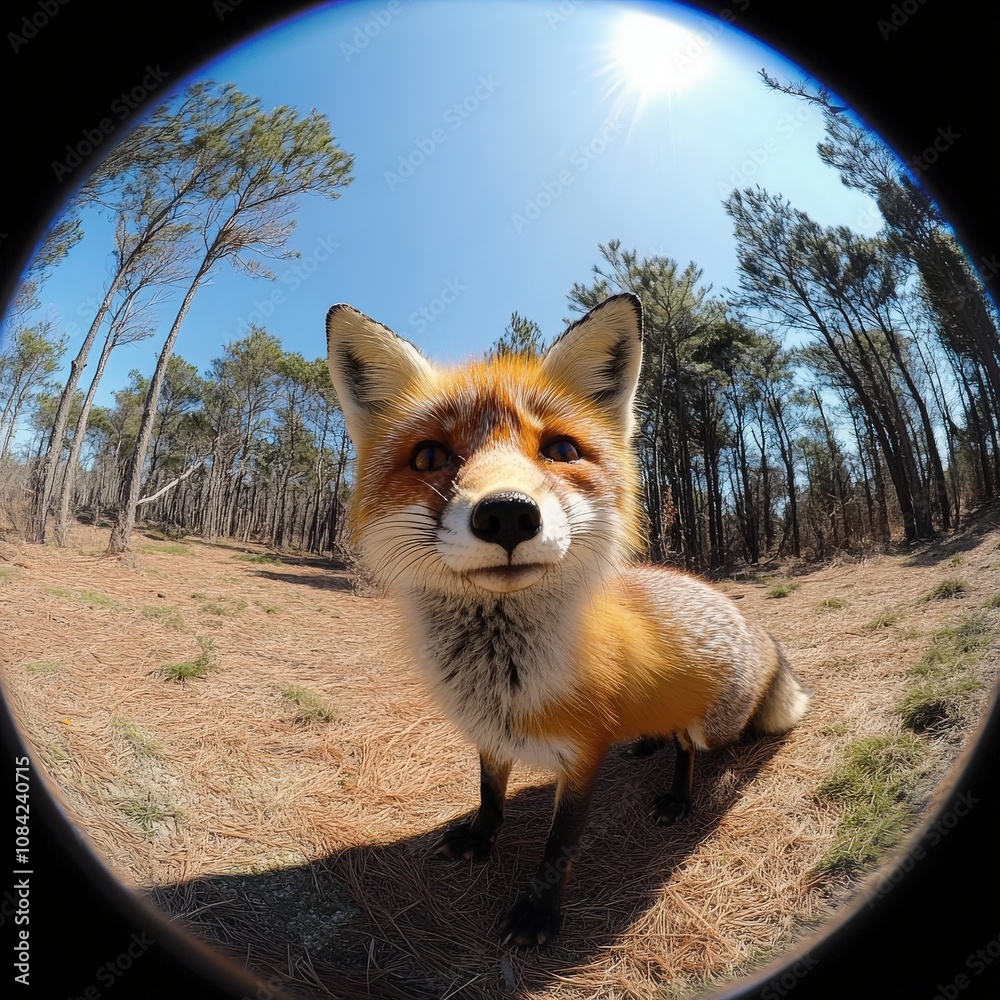 A charming little fox wanders through a sunny forest with tall trees. Its bright orange fur stands out as it curiously investigates its surroundings, embodying the spirit of the wild.