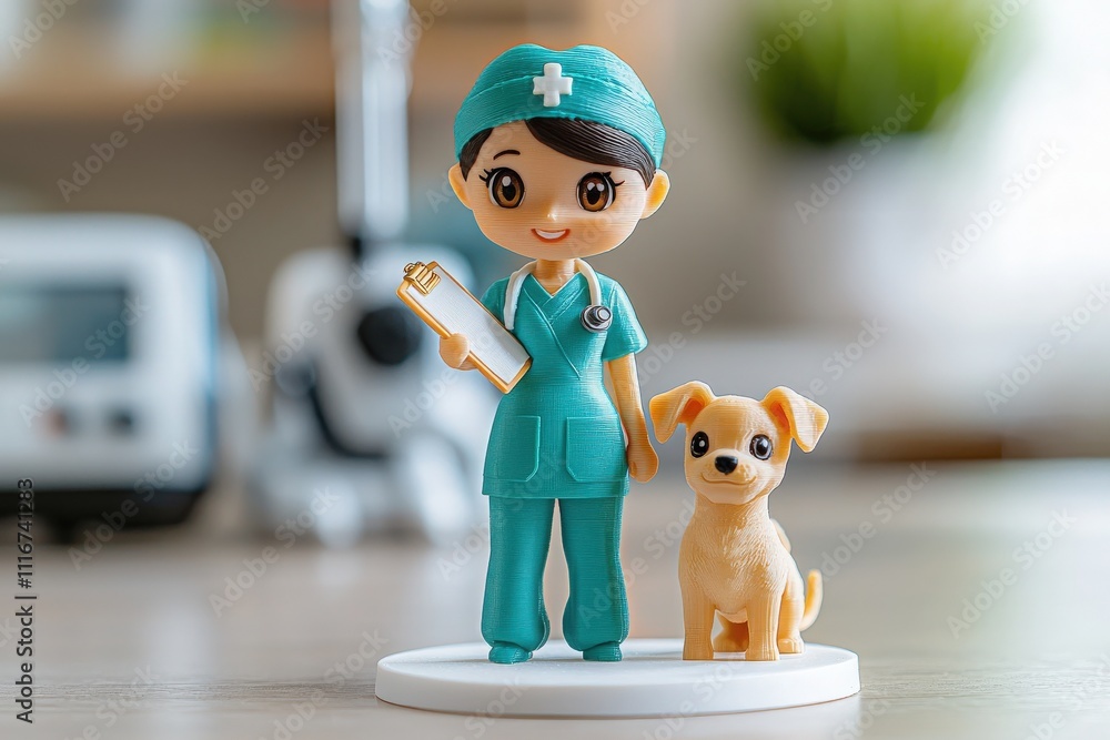 A charming nurse figurine wearing scrubs and a cap holds a clipboard beside a small dog. They are placed in a well-lit room featuring health-related equipment and greenery.