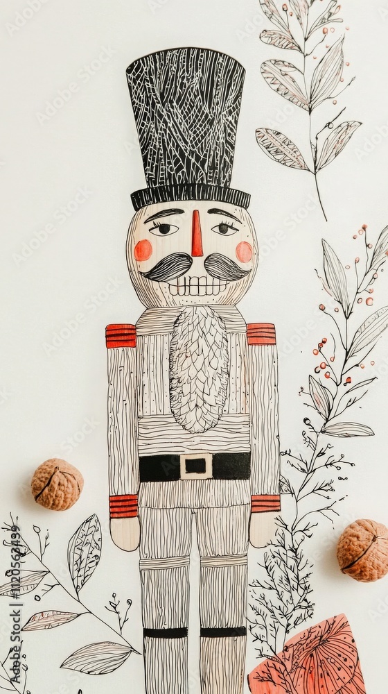 A charming nutcracker figure stands against a light background, surrounded by delicate leaves and nuts. This festive decoration captures a whimsical holiday spirit, perfect for seasonal celebrations.