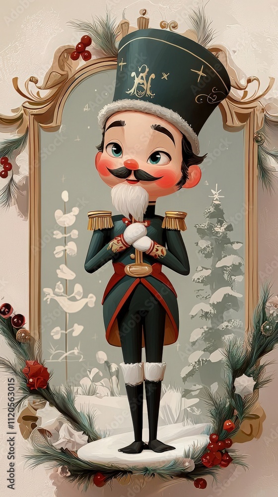 A charming nutcracker figure stands proudly, adorned in a uniform with a dramatic hat. The background features a snowy landscape among festive greenery and decorative elements.