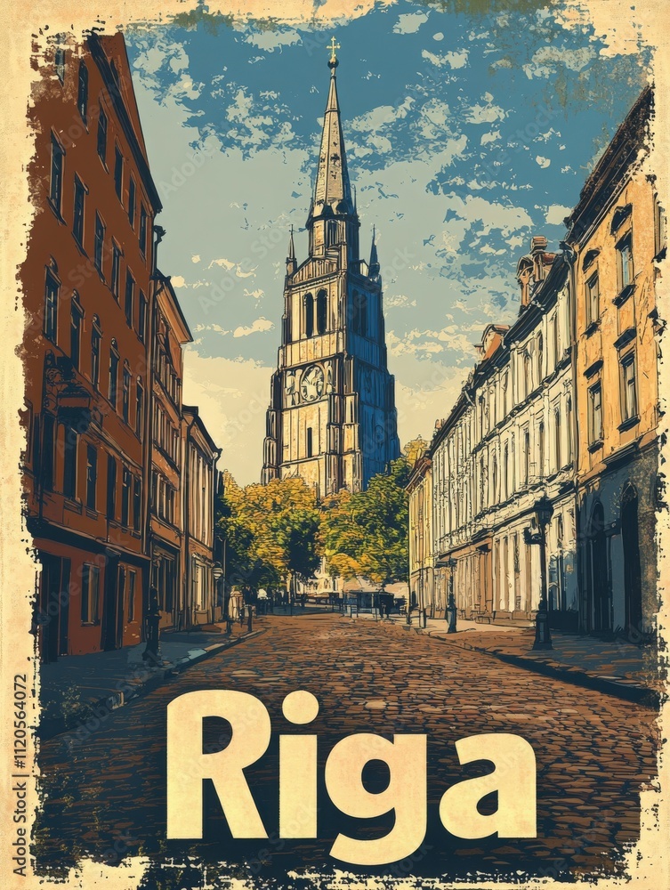 A charming street in Riga showcases a historic church tower surrounded by classic architecture. The cobblestone path invites leisurely strolls under a bright blue sky.