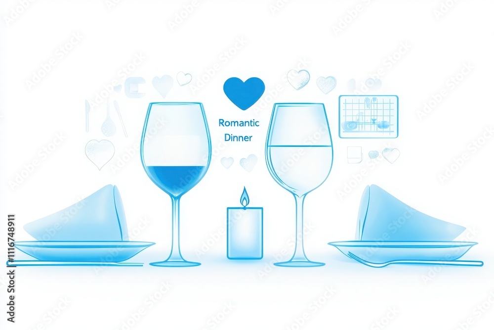 A charming table setting features two glasses filled with drinks, plates awaiting delicious food, and a candle creating an intimate atmosphere. Perfect for celebrating love and connection.