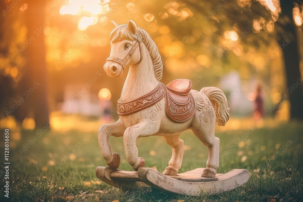 A charming vintage rocking horse sits on green grass in a park as warm sunlight filters through trees, creating a peaceful atmosphere during early evening hours.