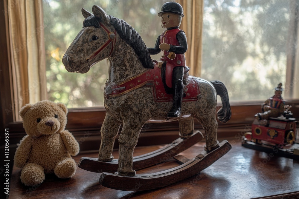 A charming vintage rocking horse with a painted rider is positioned beside a teddy bear on a wooden table. Sunlight filters through the window, illuminating the nostalgic scene.