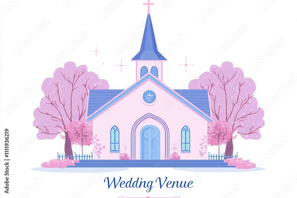 A charming wedding venue features a pastel pink exterior with a tall spire and intricate details. Surrounding the building are lush pink trees, creating a romantic atmosphere ideal for ceremonies.