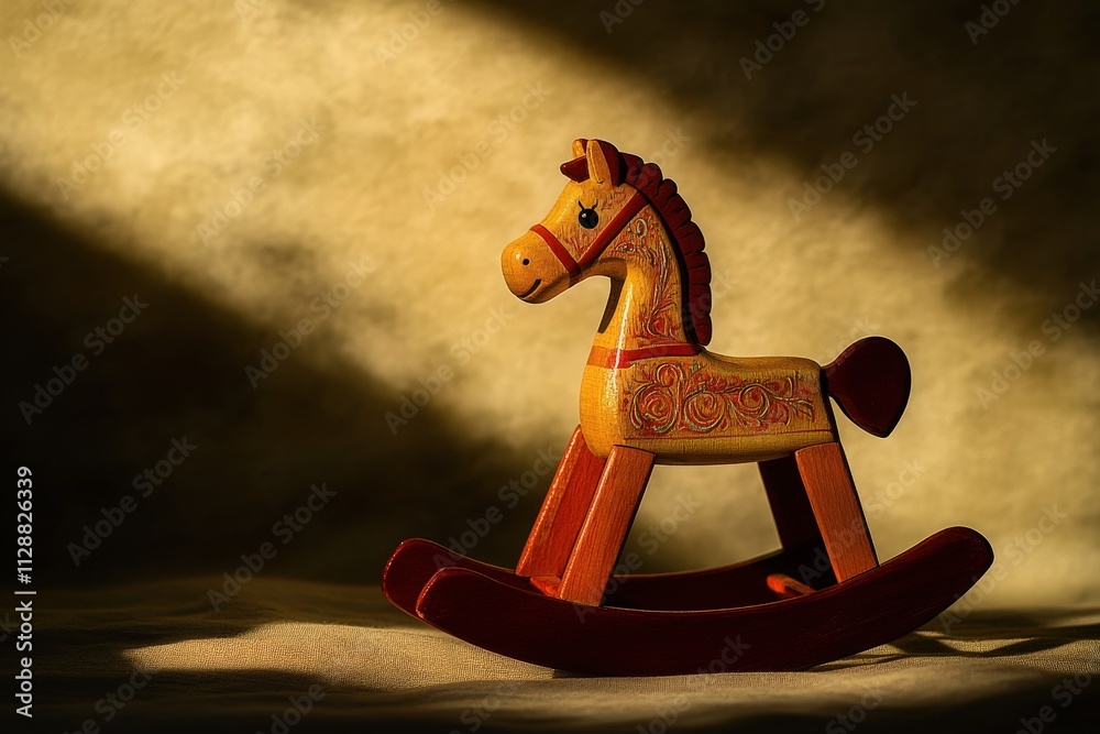 A charming wooden rocking horse is illuminated by soft, warm light casting gentle shadows. This nostalgic toy adds a playful touch to a childs room, inviting imagination and joy.