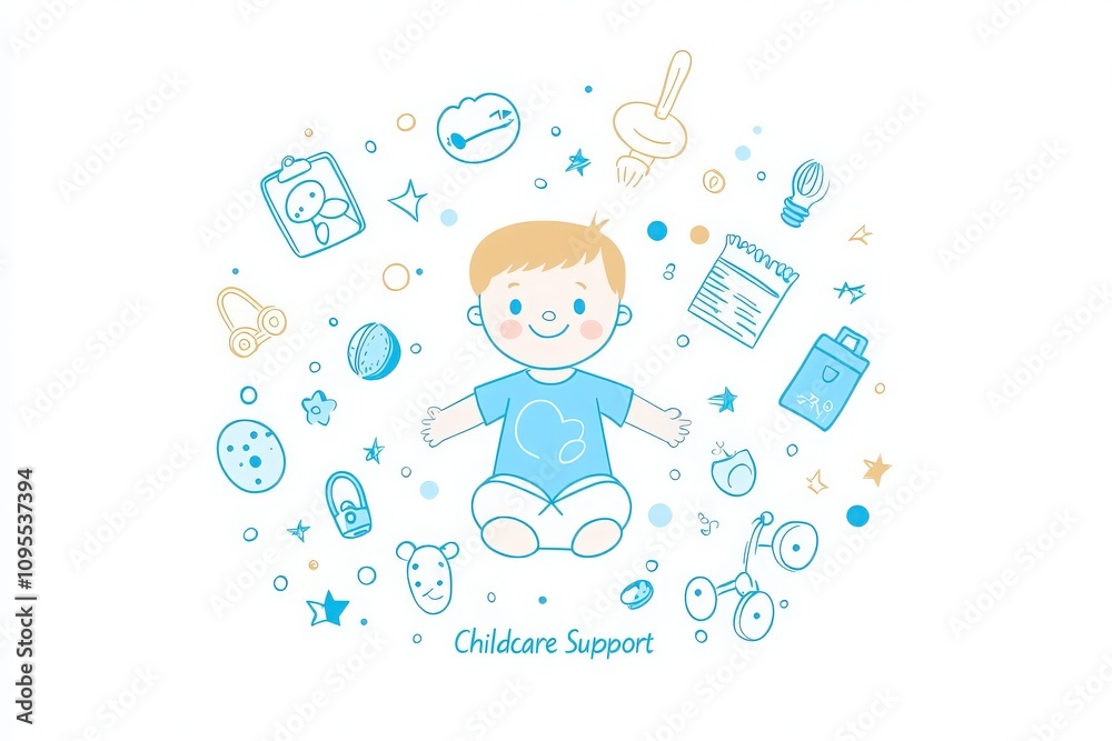 A cheerful baby sits in the center surrounded by various childcare items like toys, books, and baby accessories. The soft colors create a comforting atmosphere for childcare themes.