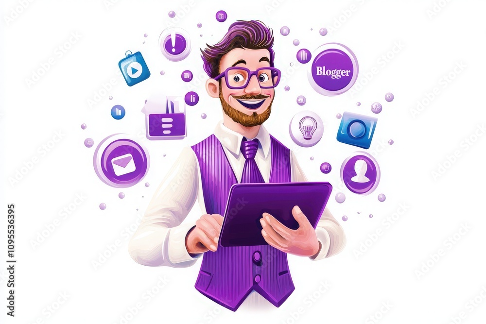 A cheerful blogger in a stylish outfit holds a tablet while surrounded by various app icons. This scene highlights the modern approach to content creation and digital communication.
