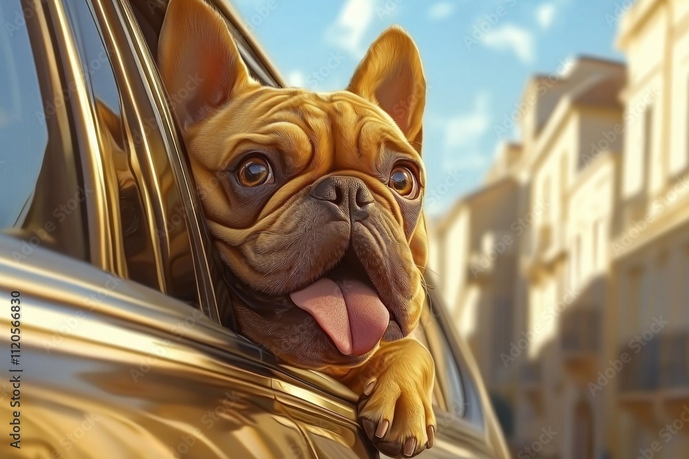 A cheerful brown French Bulldog hangs its head out of a car window, tongue out, enjoying the sunny day. A city street with elegant buildings can be seen in the background.