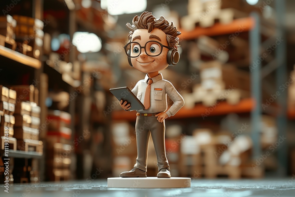 A cheerful cartoon character stands in a warehouse environment, wearing headphones and holding a tablet. Shelves filled with boxes and supplies create a busy, organized backdrop.