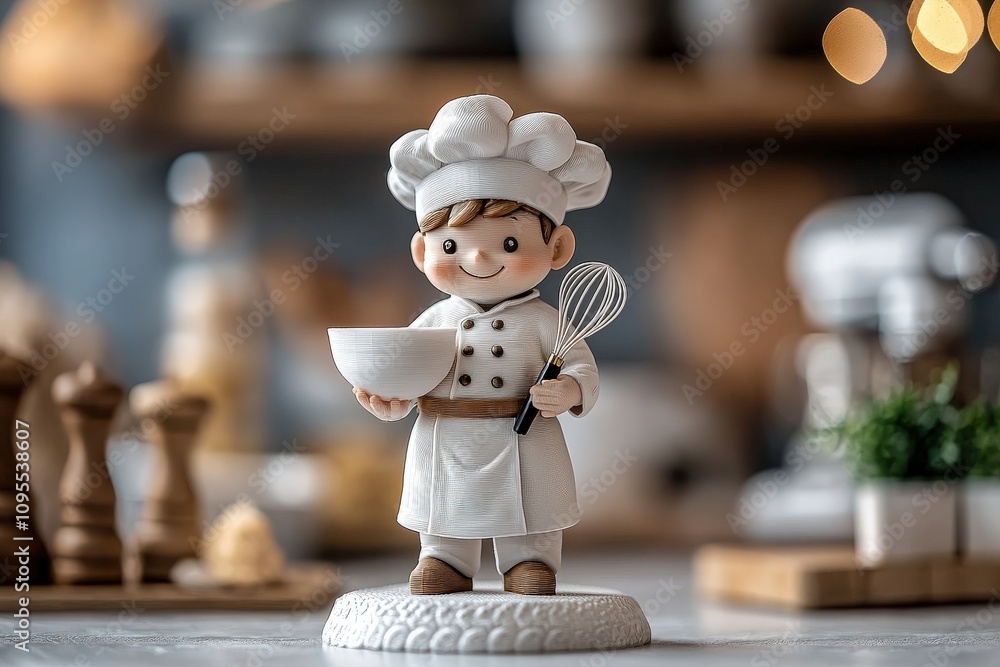 A cheerful chef figurine holds a bowl and whisk, ready to create delicious meals. This cozy kitchen setting features various cooking utensils and warm lighting, enhancing the inviting atmosphere.