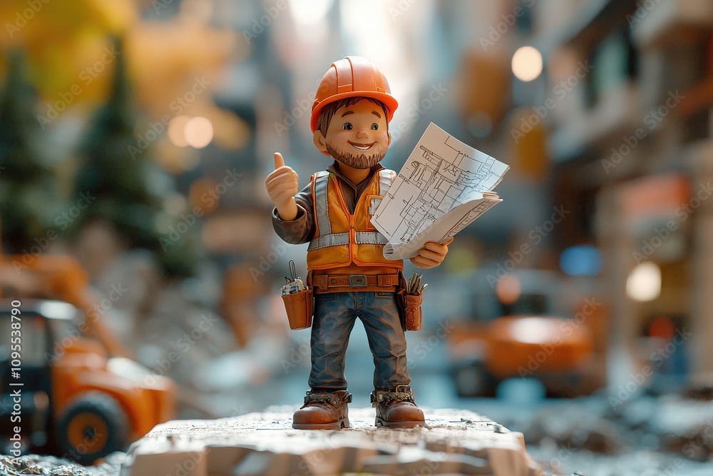 A cheerful construction worker figurine stands on a rocky surface while holding detailed blueprints. The background features a bustling cityscape with construction vehicles and activity.