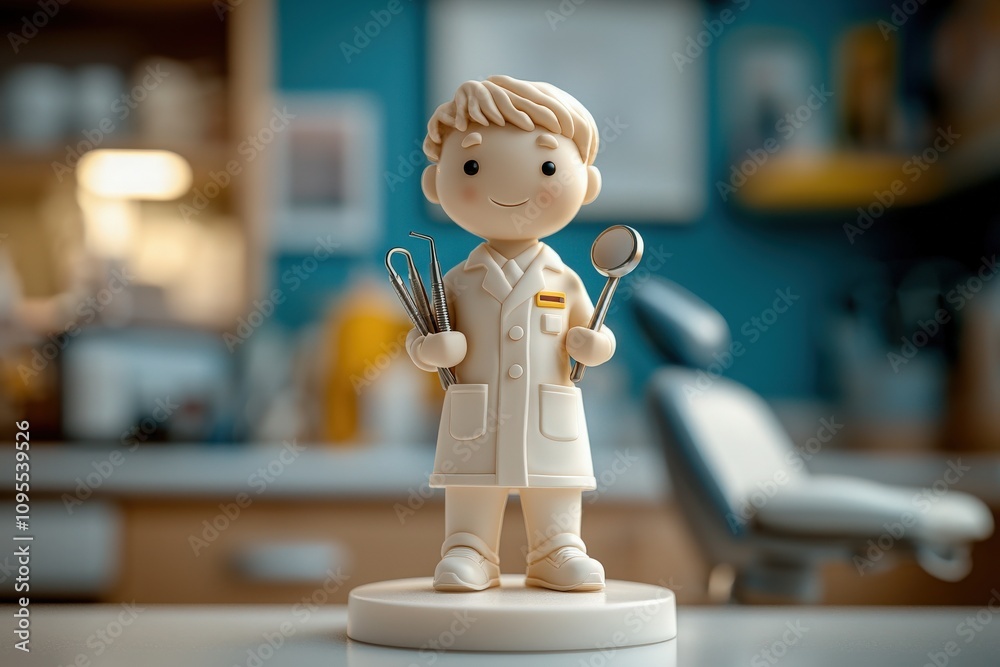 A cheerful dentist figurine stands confidently, holding various dental instruments while surrounded by a contemporary dental office environment equipped with tools and machinery.